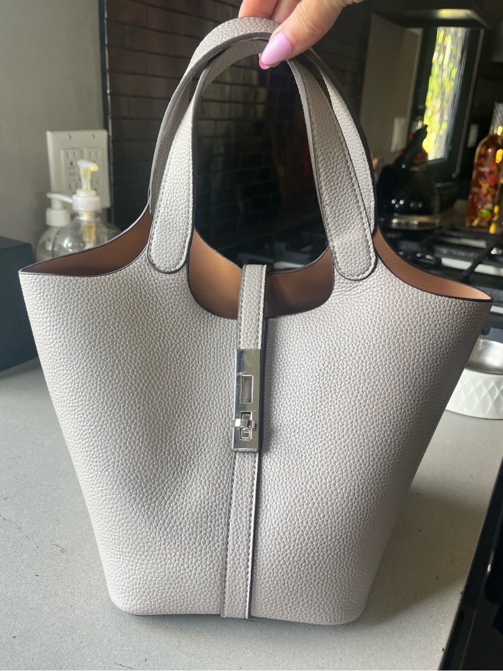 Gray Pebbled Leather Bag purse tote handle bucket handbag lock picotin neutral